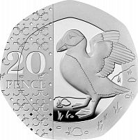 Серебряная монета 20 пенсов птица Тупик в капсуле. Великобритания 2023 Proof