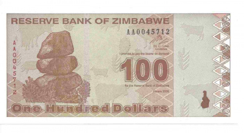 Подлинная банкнота 100 долларов, Зимбабве, 2009 г. в. Купюра в состоянии аUNC (без обращения) Подлинная банкнота 100 долларов, Зимбабве, 2009 г. в. Купюра в состоянии аUNC (без обращения)