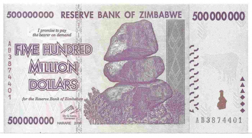 Подлинная банкнота 500000000 долларов (500 миллионов), Зимбабве, 2008 г. в. Купюра в состоянии аUNC (без обращения). Подлинная банкнота 500000000 долларов (500 миллионов), Зимбабве, 2008 г. в. Купюра в состоянии аUNC (без обращения).