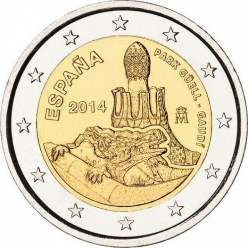 Памятная монета 2 евро Парк Гуэль Гауди. Испания, 2014 г. в. Монета в состоянии UNC (из ролла)