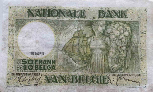 Подлинная банкнота 50 франков. Бельгия, 1938 г. в. Купюра в состоянии VF-XF (из обращения) фото 2
