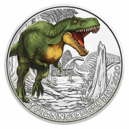 Памятная цветная монета 3 евро Тираннозавр Rex. Супер динозавры. Австрия 2020 UNC