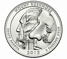 Монета 25 центов Мемориал Маунт-Рашмор. Национальные парки. США D 2013 UNC