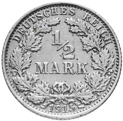 Серебряная монета 1/2 марки (серебро), Германская империя, 1915 г. в. Монета в состоянии XF (из обращения) Серебряная монета 1/2 марки (серебро), Германская империя, 1915 г. в. Монета в состоянии XF (из обращения)