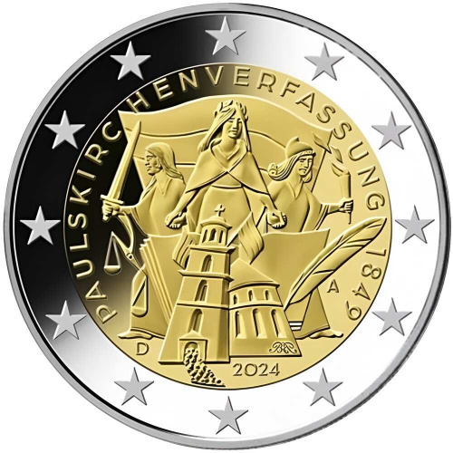 Монета 2 евро 175 лет Конституции Паульскирхе. Германия А 2024 UNC Монета 2 евро 175 лет Конституции Паульскирхе. Германия А 2024 UNC