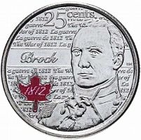 Монета 25 центов Война 1812 года - Сэр Айзек Брок в запайке (цветная эмаль). Канада, 2012 г. в. UNC