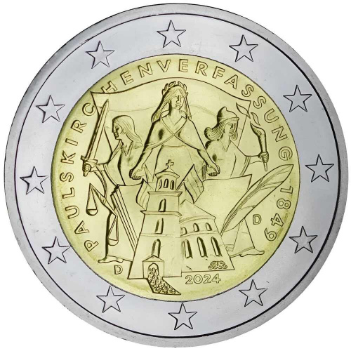 Монета 2 евро 175-летие Конституции Паульскирхе. Германия D 2024 UNC Монета 2 евро 175-летие Конституции Паульскирхе. Германия D 2024 UNC