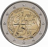 Памятная монета 2 евро 75 лет ЮНИСЕФ, Франция, 2021 г. в. Монета в состоянии UNC (из мешка)