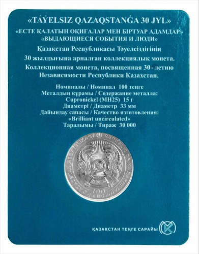 Памятная монета 100 тенге в блистере 30 лет Независимости Казахстана. События. Казахстан 2021 BU фото 2