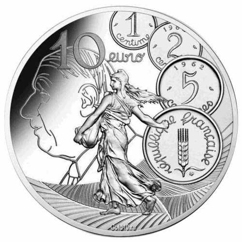 Монета 10 евро в футляре Первый франк. Семеузе. Франция 2020 PF