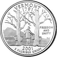Монета 25 центов Вермонт. Штаты и территории. США D 2001 UNC