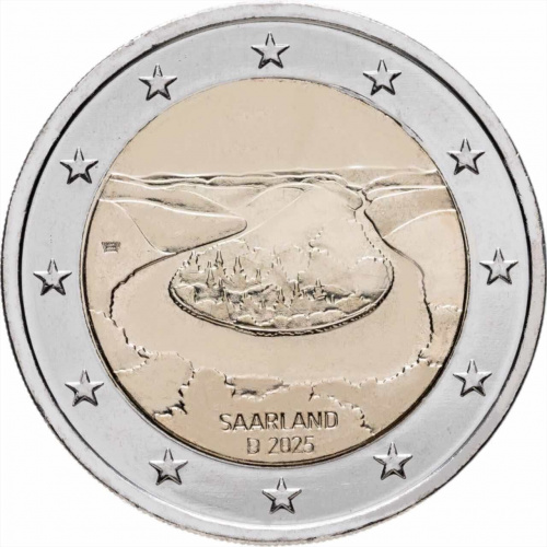 Памятная монета 2 евро Петля Саара - Сааршляйфе. Германия 2025 UNC Памятная монета 2 евро Петля Саара - Сааршляйфе. Германия 2025 UNC