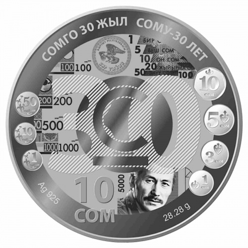 Памятная монета в футляре 10 сом 30-летие введения сома. Исторические события. Киргизия 2023 PF