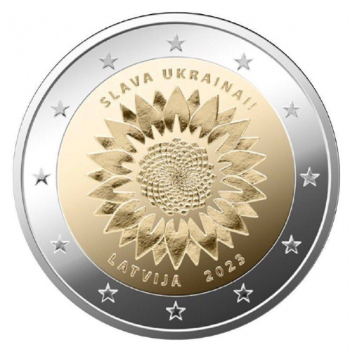 Монета 2 евро Украина. Подсолнух. Латвия 2023 UNC Монета 2 евро Украина. Подсолнух. Латвия 2023 UNC