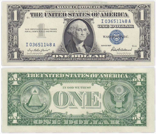 Банкнота 1 доллар серебряный сертификат с синей печатью. США 1957 аUNC фото 3 Банкнота 1 доллар серебряный сертификат с синей печатью. США 1957 аUNC фото 3