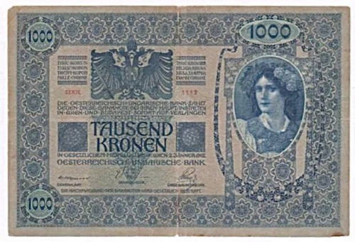 Подлинная банкнота 1000 крон. Австро-Венгрия, 1902 г. в. Купюра в состоянии VF (из обращения) Подлинная банкнота 1000 крон. Австро-Венгрия, 1902 г. в. Купюра в состоянии VF (из обращения)