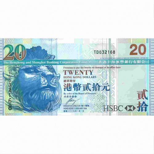 Банкнота 20 долларов. Гонконг 2009 аUNC Банкнота 20 долларов. Гонконг 2009 аUNC