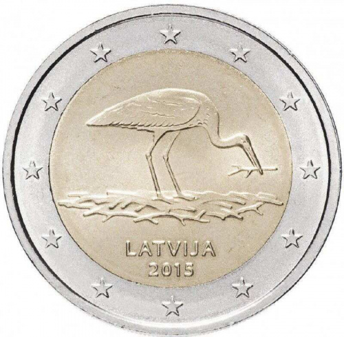 Монета 2 евро Черный аист. Латвия 2015 UNC