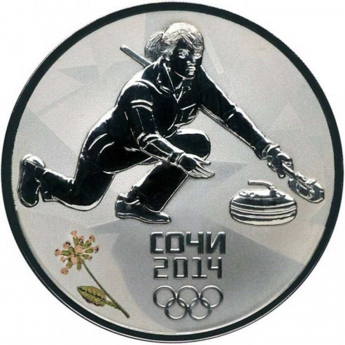 Серебряная монета 3 рубля в капсуле (31,1г) Кёрлинг. Олимпиада Сочи 2014. СПМД 2014 Proof