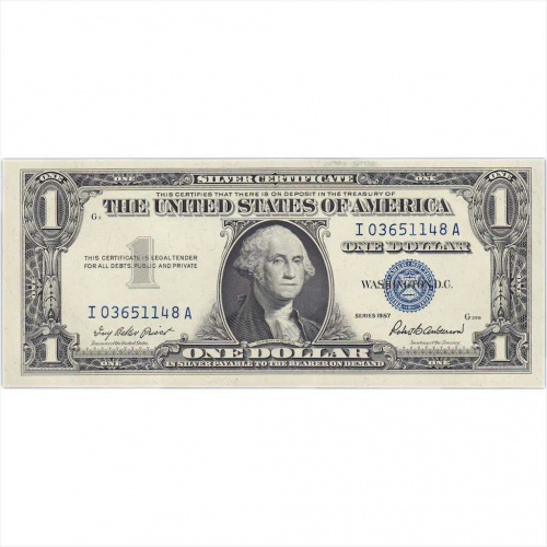 Банкнота 1 доллар серебряный сертификат с синей печатью. США 1957 аUNC