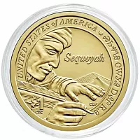 Монета 1 доллар Секвойя в капсуле. Сакагавея. Коренные американцы. США D 2017 UNC