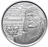Памятная монета 25 центов Война 1812 года - Текумсе в запайке. Канада, 2012 г. в. UNC