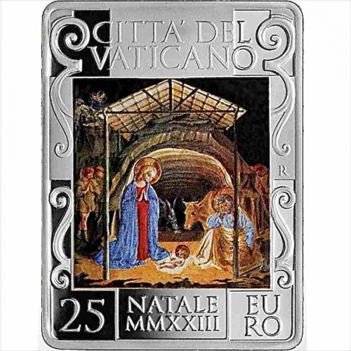 Серебряная монета 925 пробы (35 г) 25 евро Рождество в футляре. Ватикан 2023 PF Серебряная монета 925 пробы (35 г) 25 евро Рождество в футляре. Ватикан 2023 PF