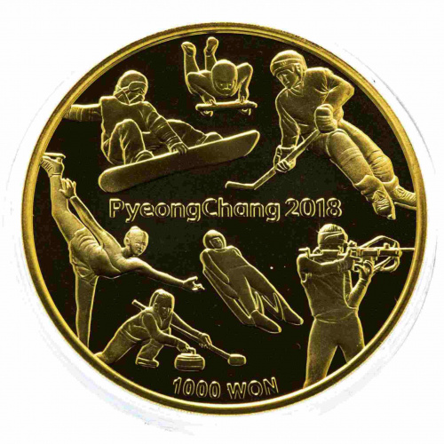 Монета 1000 вон Олимпийские игры 2018 в капсуле. Южная Корея 2016 PF Монета 1000 вон Олимпийские игры 2018 в капсуле. Южная Корея 2016 PF