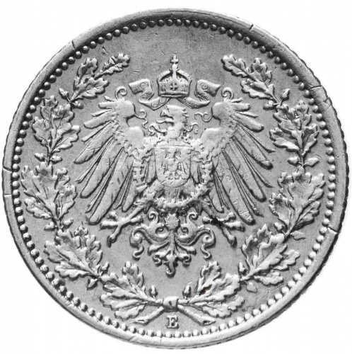Серебряная монета 1/2 марки (серебро), Германская империя, 1915 г. в. Монета в состоянии XF (из обращения) фото 2 Серебряная монета 1/2 марки (серебро), Германская империя, 1915 г. в. Монета в состоянии XF (из обращения) фото 2
