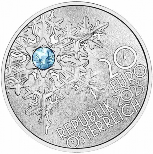 Серебряная монета 20 евро 925 пробы (22.42 г) Снежинка. Тайны снега в капсуле. Австрия 2023 Proof