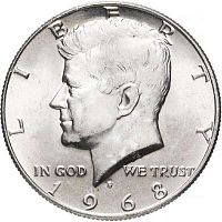 Серебряная монета 400 пробы 1/2 доллара (half dollar) Кеннеди. D. США, 1968 г. в. aUNC