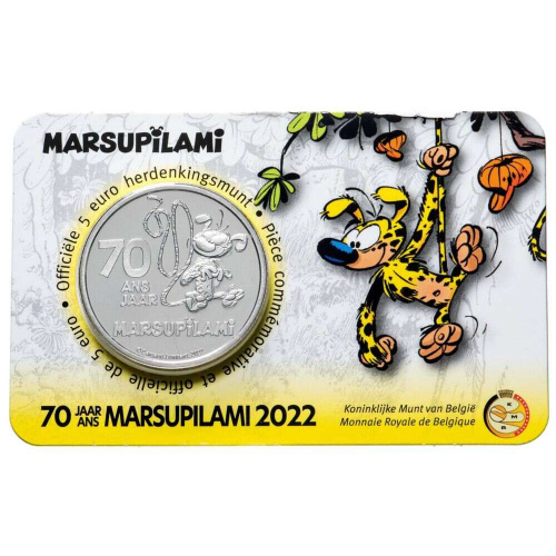 Монета 5 евро 70 лет комиксу Марсупилами. Бельгия 2022 UNC