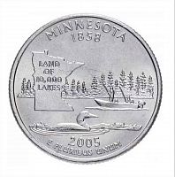 Монета 25 центов Миннесота. Штаты и территории. США D 2005 UNC