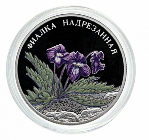 Серебряная монета 2 рубля в капсуле Фиалка надрезанная. Красная Книга. СПМД, 2022 г. в. Proof Серебряная монета 2 рубля в капсуле Фиалка надрезанная. Красная Книга. СПМД, 2022 г. в. Proof